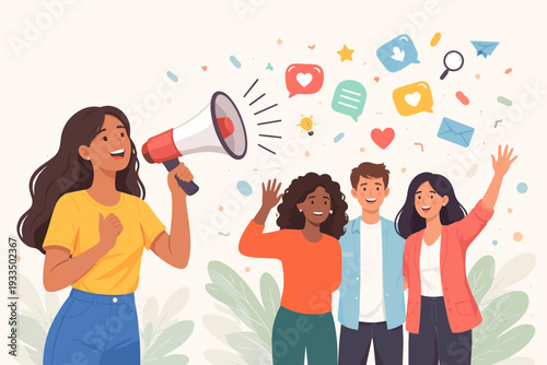 Join Our Team Concept with a Woman Shouting into a Megaphone and a Diverse Group of People Waving. Social Media Marketing and Recruitment Vector Illustration for Business and Community Growth.