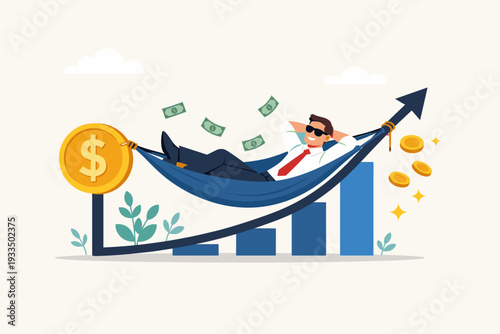 Happy rich businessman relaxing in a hammock tied to a rising financial growth arrow chart, concept of passive income, wealth management, investment success, prosperity, and financial freedom.