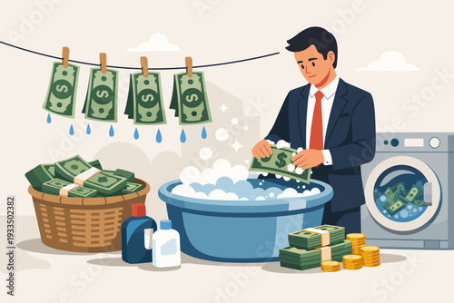 Money Laundering and Financial Crime Concept with Businessman Washing Dollar Bills in Soapy Water, Tax Evasion and Illegal Corruption Illustration with Cash Hanging on Clothesline and Washing Machine