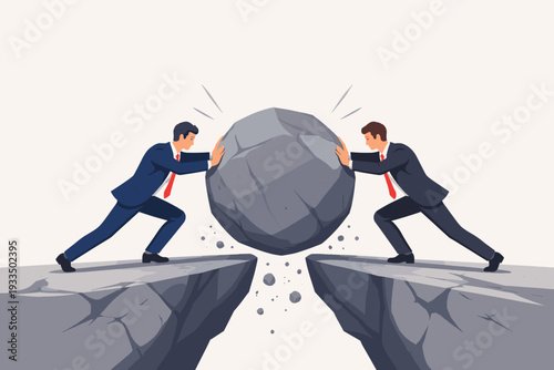 Two businessmen in suits pushing a large boulder against each other over a deep chasm, representing leadership rivalry, competition, business conflict, and the struggle for power and dominance.