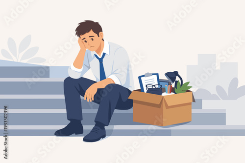 Depressed Dismissed Businessman Sitting on Stairs with a Cardboard Box of Office Supplies After Being Fired or Laid Off, Concept of Unemployment, Job Loss, Economic Crisis, and Career Failure.