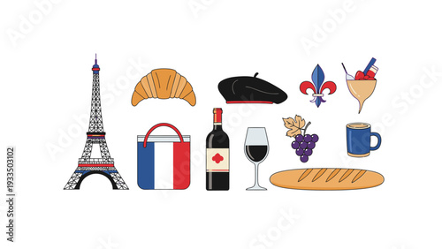 Flat lay illustration of various French cultural symbols and food items on a white background, conveying a festive and culinary theme.