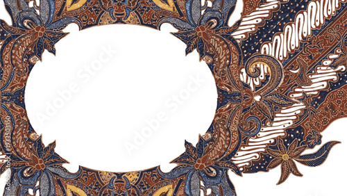 Intricate brown, orange, and blue patterned frame with floral designs on a white background, showcasing traditional ornamental artwork.