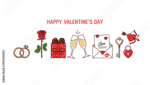 Valentine's Day themed flat lay with symbolic objects on a white background including gift, rose, champagne, letter and heart icons.