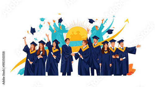 A group of young adults in graduation gowns and caps celebrating with arms raised in a colorful illustration with a bright sun and abstract shapes in the background.