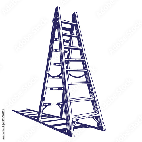 A drawing of a foldable step ladder with a handle on one side and shadow on the ground  isolated on white background