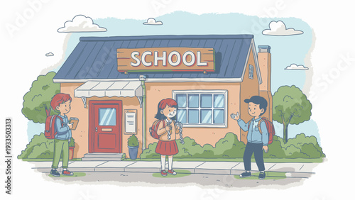 Cartoon illustration of three schoolchildren standing outside a brick school building with a red door and blue roof, wearing backpacks and casual clothes.