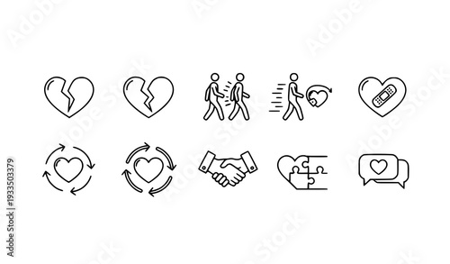 A set of minimalist line art icons depicting various heart and relationship themes