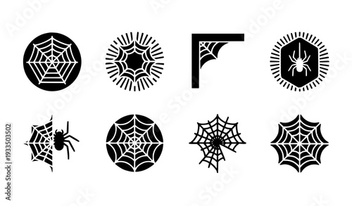 A set of black and white spider web icons and illustrations