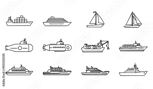 A set of various boat and ship illustrations in a flat minimal style