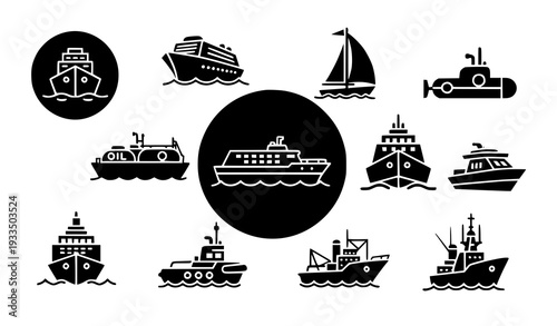 A collection of various boat and ship vector icons in black and white