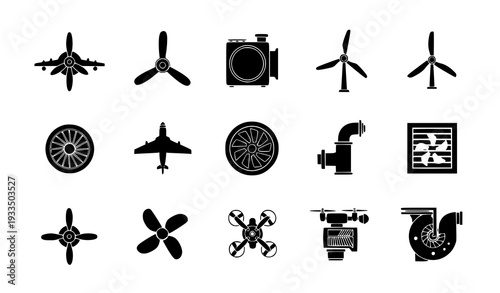 A set of black silhouette icons representing various machines and devices