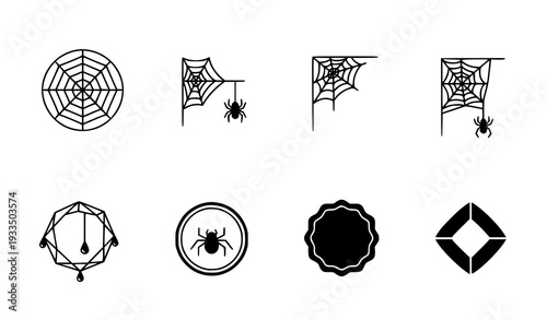A set of minimalist spider web and spider icons in black and white