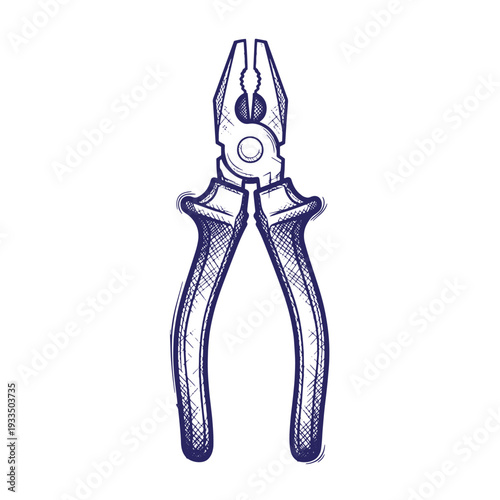 blue drawing of pliers with handles and grippers for gripping objects isolated on white background