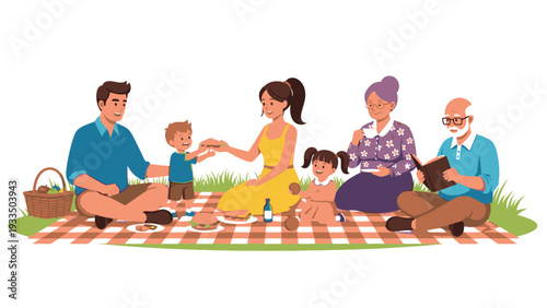Illustration of a multi-generational family having a picnic on a blanket in a grassy area with a dog.