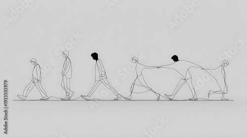 A series of drawings of people walking in a line