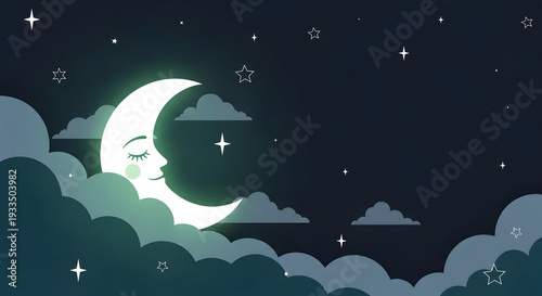 Whimsical Crescent Moon with Clouds and Stars in a Night Sky.