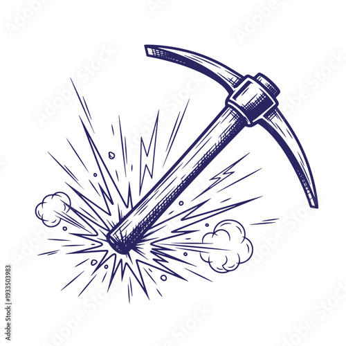 blue illustration of pickaxe hitting ground with explosion and smoke
