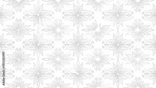 A seamless pattern of delicate gray flowers and leaves on a white background with a subtle texture.