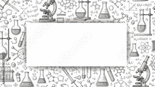 Illustration of a white rectangle surrounded by various science laboratory equipment and symbols on a grey background.