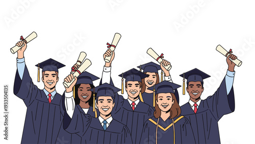 Illustration of a diverse group of graduates wearing caps and gowns, holding up diplomas in celebration against a clean white background.