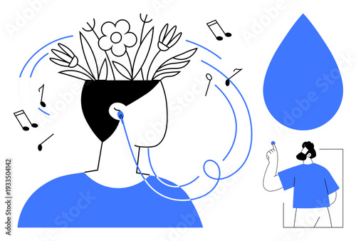 Mindfulness, self-expression, relaxation, creativity, mental health, personal growth. Person with flowers in head wearing headphones, musical notes around. Mindfulness and self-expression