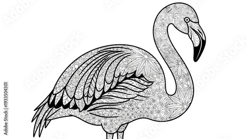 Detailed black and white illustration of a flamingo standing alone with intricate feather patterns on a clean white background.