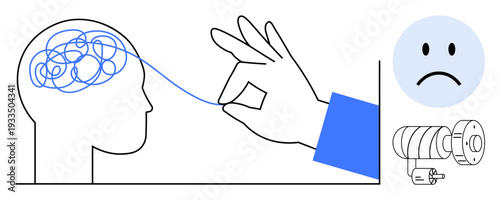 Mental health concept. Visualizing mental clarity by unraveling a tangled thread from a brain. Mental health illustrated with focus on emotions, therapy, and well-being. Useful for healthcare