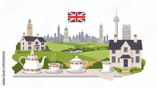 Illustration of a tea set on a table with a cityscape and British flag in the background, featuring houses and a green landscape.