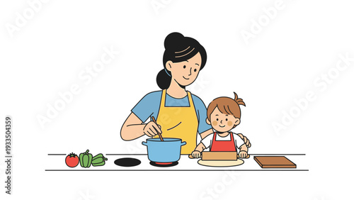 A woman and a child in aprons preparing food together on a kitchen counter with ingredients.