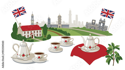 Illustration of a traditional English tea set with teapots and teacups on a red tablecloth and a table, with a British flag, a house, and a city skyline in the background.