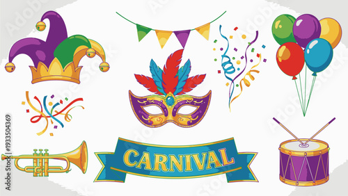 Colorful carnival icons including a jester's hat, masks, balloons, confetti, a trumpet, and a drum on a white background.