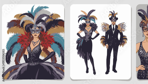Illustrations of people wearing masquerade masks and formal attire with feathers and sequins on a white background.
