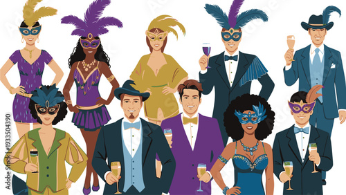 Illustration of a diverse group of adults wearing Mardi Gras masks and costumes, holding drinks, standing against a plain white background with a festive mood.