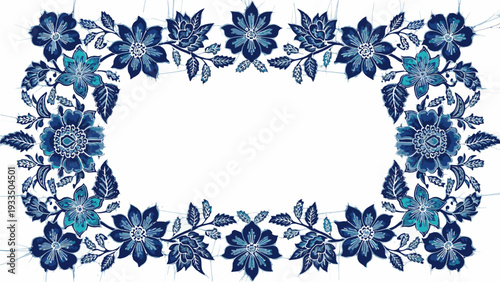 Blue floral border frame with leaves and flowers on a white background, featuring a decorative rectangular shape.