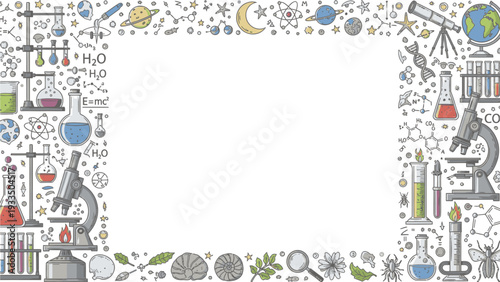 A colorful illustration frame filled with various science and education icons on a white background with a playful and informative mood.