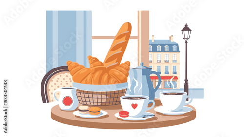 Flat lay illustration of a breakfast tray with croissants, coffee cups, and jam on a wooden tray against a Parisian cityscape background with a charming and inviting mood.