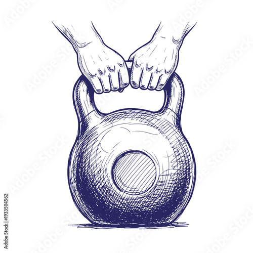 hands gripping kettlebell weight for exercise and fitness training with blue sketch style