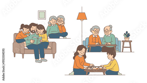 Illustration of diverse intergenerational family groups engaging in activities together in a cozy living room setting with warm tones.