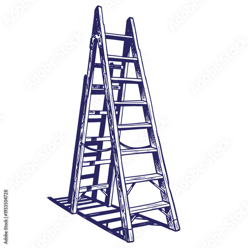 Illustration of a blue double sided Aframe ladder with multiple steps for climbing isolated on white background