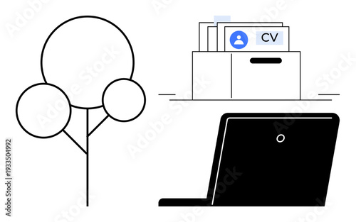 Recruitment concept. Job recruitment with CV storage, laptop, and digital communication. Recruitment enhances online hiring, career management, and modern HR processes. For business, HR freelancing