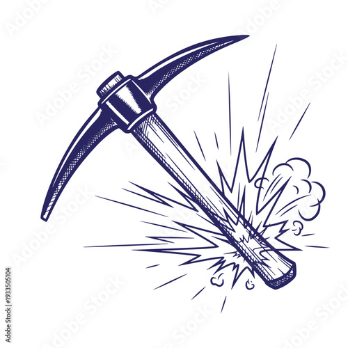 pickaxe hitting rock with explosion and sparks flying everywhere in a dynamic action scene