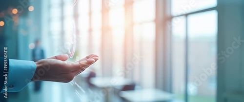 Businessman's hand presenting digital goal interface, with dynamic data motion, gentle camera pan across modern office space, sunlight streaming through windows, cinematic style.