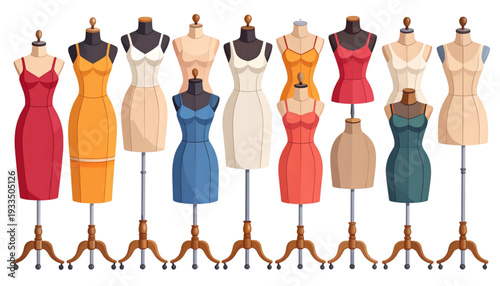 Colorful array of diverse fashion mannequins showcasing varied clothing styles and heights isolated on transparent background
