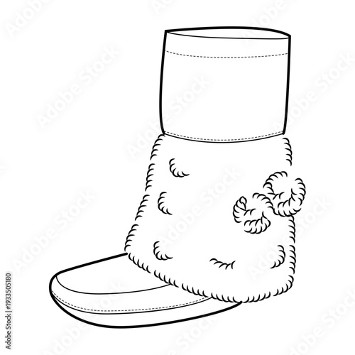 Pom-pom textured ankle boot women single line pair. Quilted surface with pom-pom trim snow day, leisure time. Technical fashion illustration CAD mockup clean vector men unisex isolated classic style.