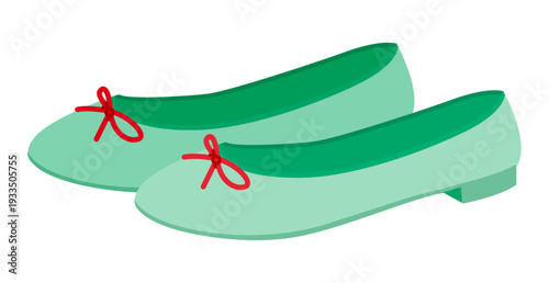 Green ballet flat shoe women flat pair. Bow detail classic round toe footwear for city walk weekend brunch. Technical fashion illustration CAD mockup soft vector man unisex isolated contemporary style