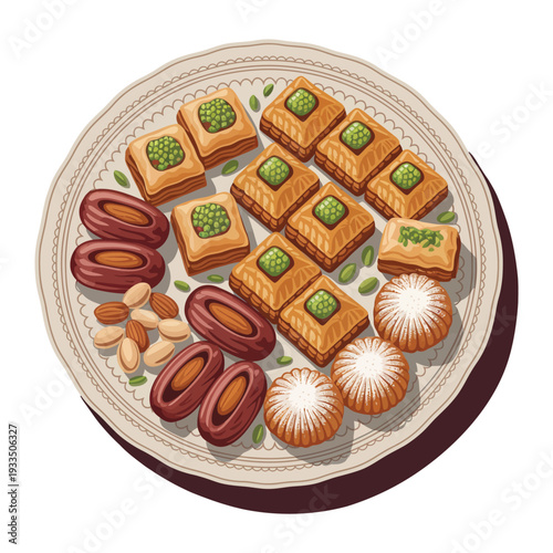 Assortment of Middle Eastern Sweets: Baklava, Dates, Almonds and Ma'amoul served on a decorative plate, Ramadan Iftar treat