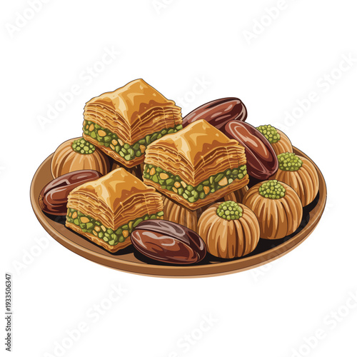 A delectable arrangement of sweet Middle Eastern pastries, featuring golden baklava and date-filled treats, perfect for Ramadan and Eid celebrations.