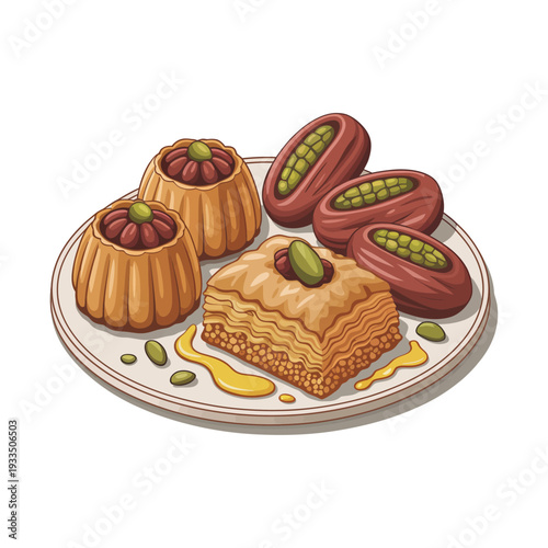 Assortment of Delicious Middle Eastern Desserts: Baklava, Ma'amoul, and Pistachio Sweets on a White Plate