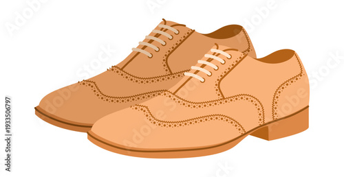 Brogue mens beige flat lace pair. Perforated leather footwear with classic wingtip detail smart casual office style. Technical illustration CAD mockup vector outline isolated on white background.